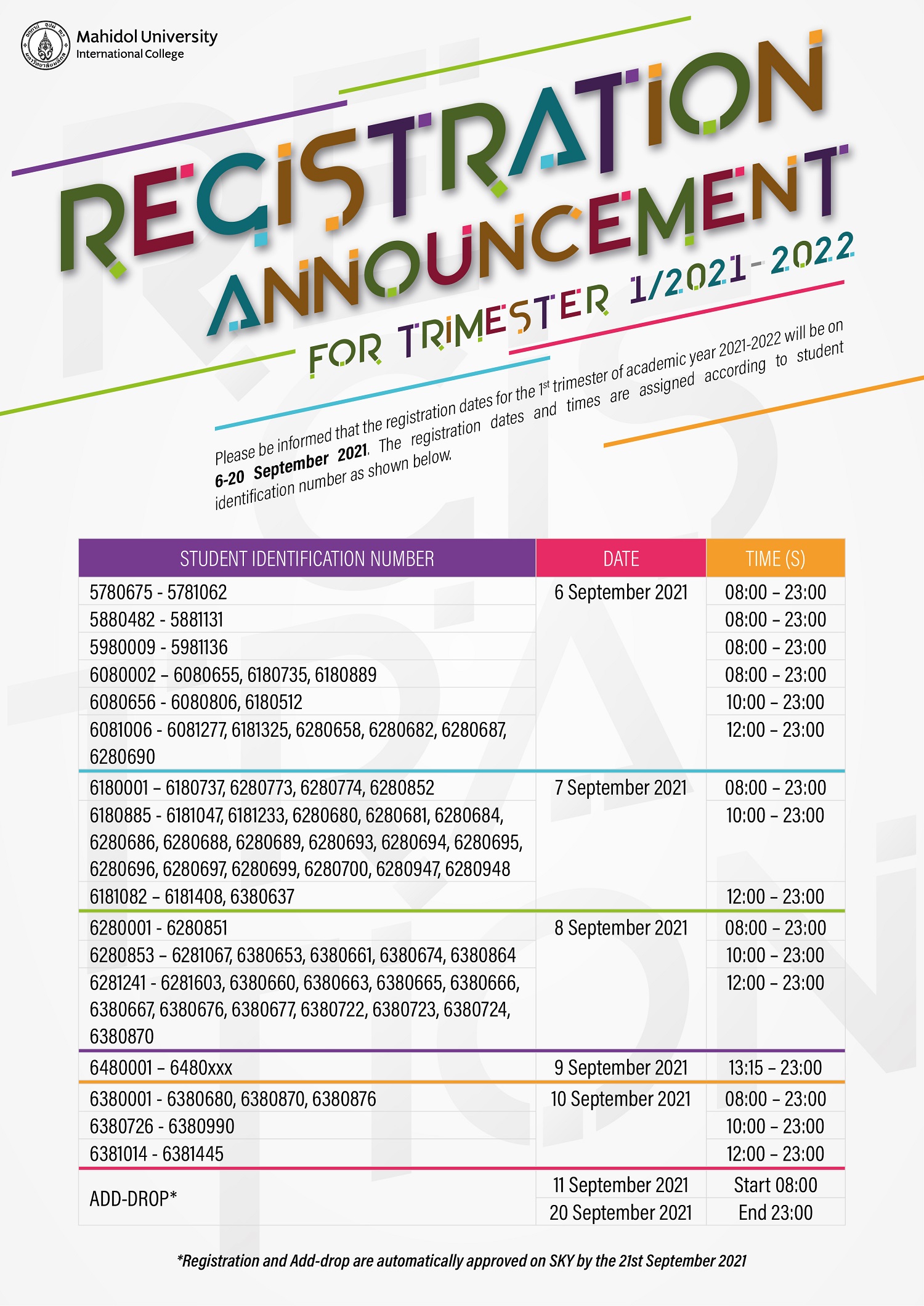Registration Schedule for Trimester 1/20212022 MUIC Mahidol